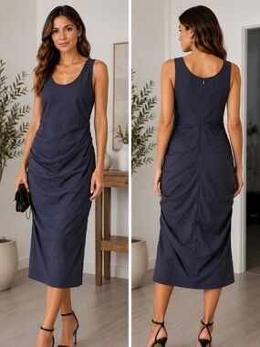 Papillon Vancouver Los Angeles Navy Ruched Midi Dress L Elegant Minimalist dres